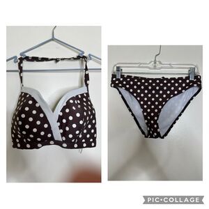 Fig Leaves Midnight Sun Brown Cream Polka Dot Bikini NWOT 32FF 10 Bottom